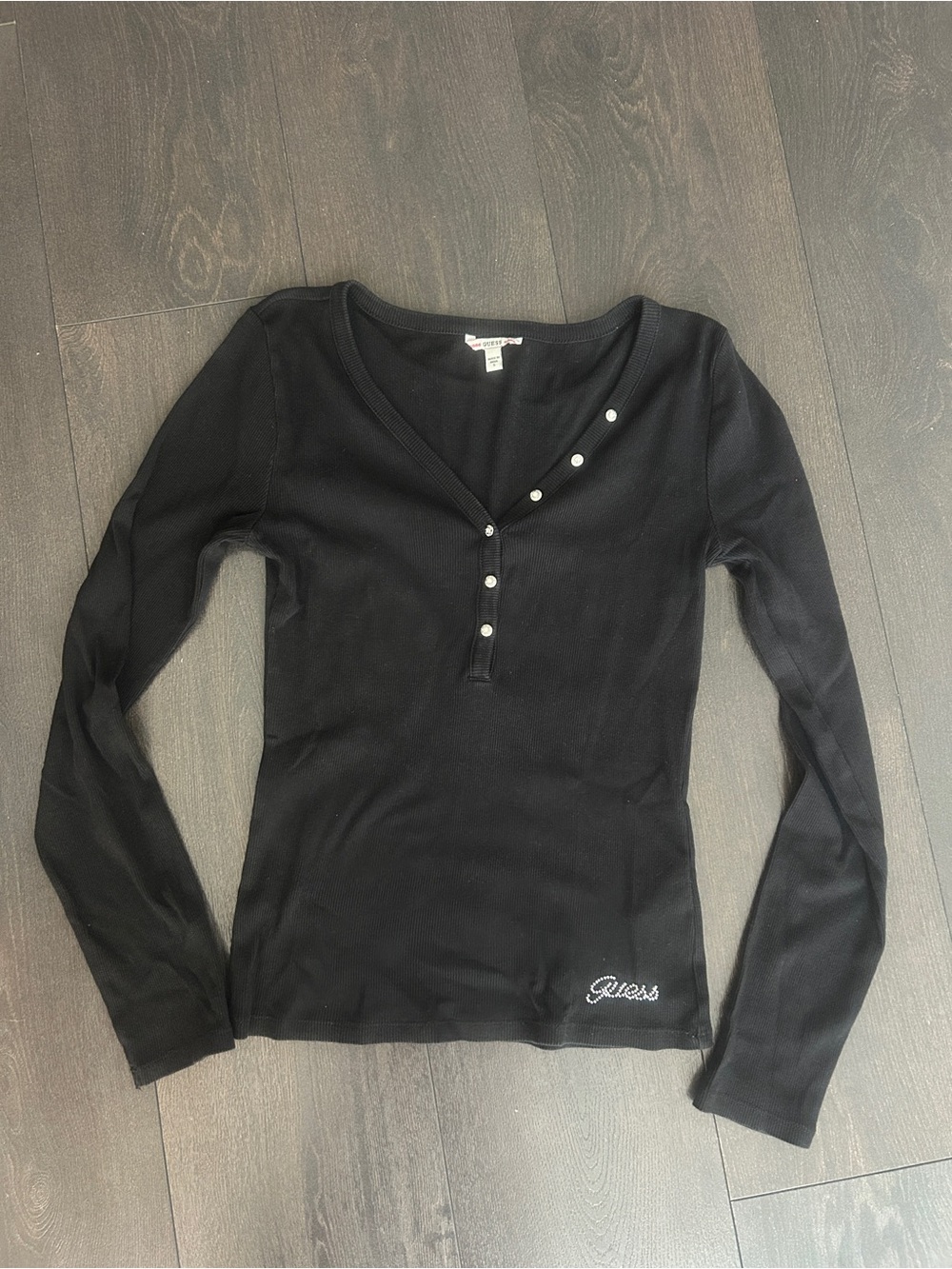 GUESS Black Ribbed V-Neck Rhinestone Long Sleeve Top Size Small
